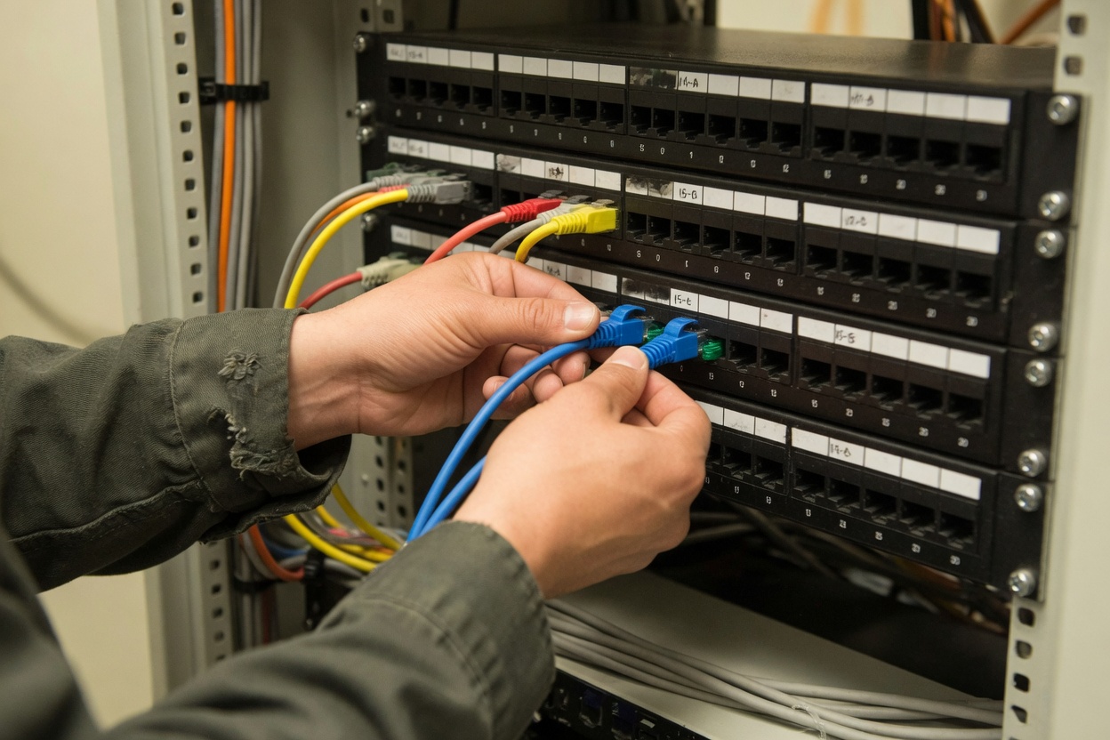 Hands plugging network cables into a patch panel