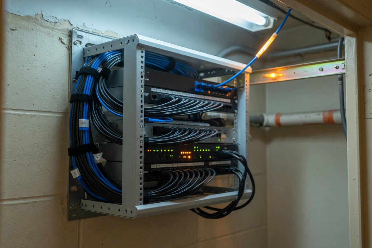 A wall-mounted network rack